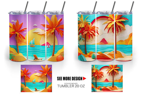 Tumbler Wrap 3D Paper cut Beach Summer Sublimation artnoy 