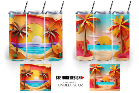 Tumbler Wrap 3D Paper cut Beach Summer Sublimation artnoy 