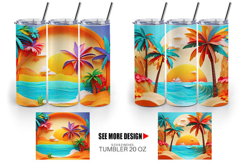 Tumbler Wrap 3D Paper cut Beach Summer Sublimation artnoy 