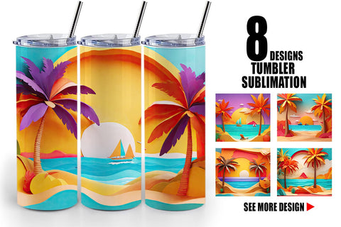 Tumbler Wrap 3D Paper cut Beach Summer Sublimation artnoy 