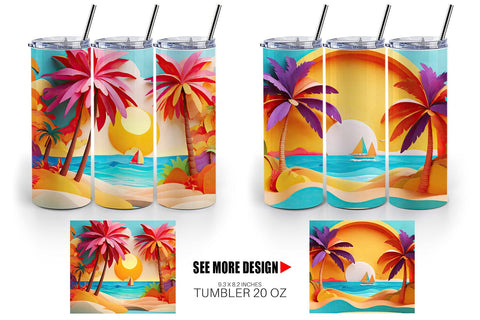 Tumbler Wrap 3D Paper cut Beach Summer Sublimation artnoy 