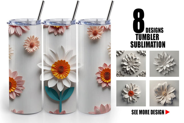 Tumbler Wrap 3D Paper Cut White Flower Sublimation artnoy 