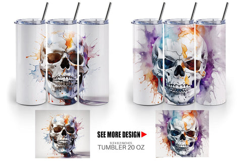 Tumbler Wrap 3D Watercolor Splash Skull Sublimation artnoy 