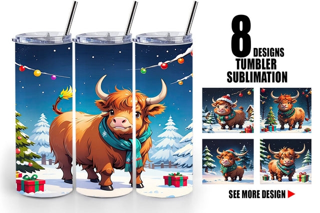 Tumbler Wrap Cartoon Christmas Highland Cow Sublimation artnoy 