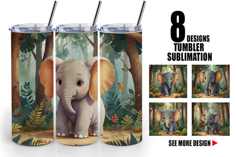 Tumbler Wrap Cartoon Elephant in Forest Sublimation artnoy 