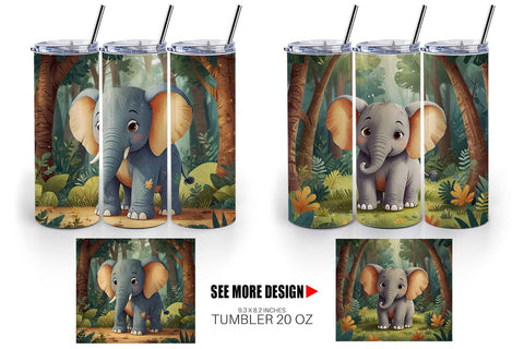 Tumbler Wrap Cartoon Elephant in Forest Sublimation artnoy 