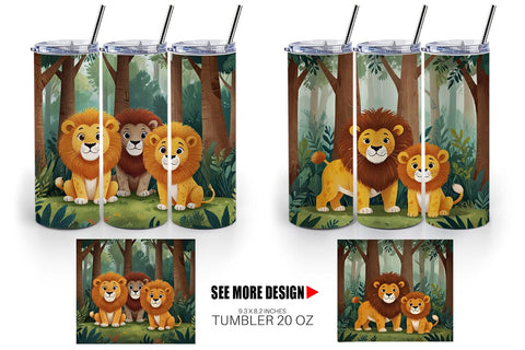 Tumbler Wrap Cartoon Lion in Forest Sublimation artnoy 