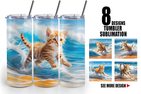 Tumbler Wrap Cat Running on the Beach Sublimation artnoy 
