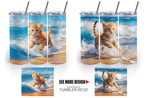 Tumbler Wrap Cat Running on the Beach Sublimation artnoy 