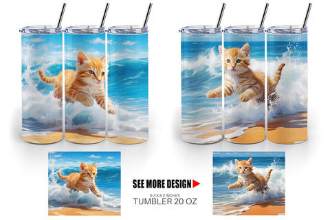 Tumbler Wrap Cat Running on the Beach Sublimation artnoy 