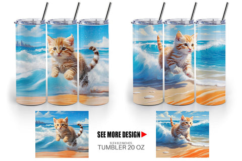 Tumbler Wrap Cat Running on the Beach Sublimation artnoy 