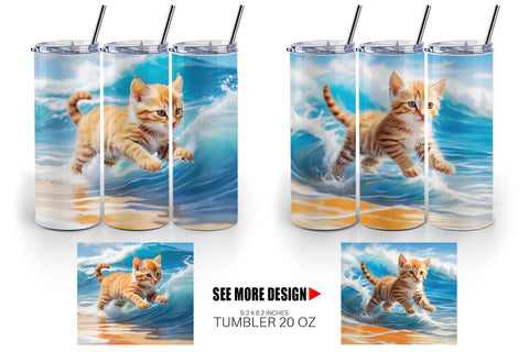 Tumbler Wrap Cat Running on the Beach Sublimation artnoy 
