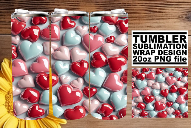 Tumbler Wrap Featuring 3D Heart Patterns - Valentines Day Sublimation afrosvg 