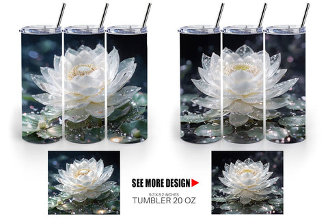 Tumbler Wrap Flower White Lotus Glitter Sublimation artnoy 