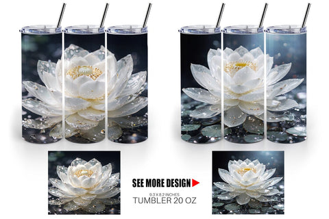 Tumbler Wrap Flower White Lotus Glitter Sublimation artnoy 