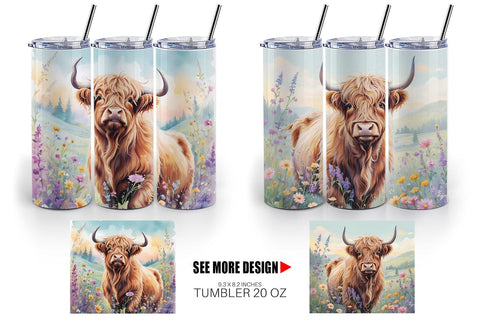 Tumbler Wrap Highland Cow and Flower Sublimation artnoy 
