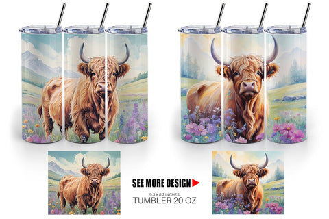 Tumbler Wrap Highland Cow and Flower Sublimation artnoy 