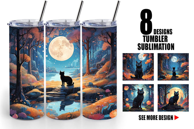 Tumbler Wrap Moonlit Woodland Black Cat Sublimation artnoy 