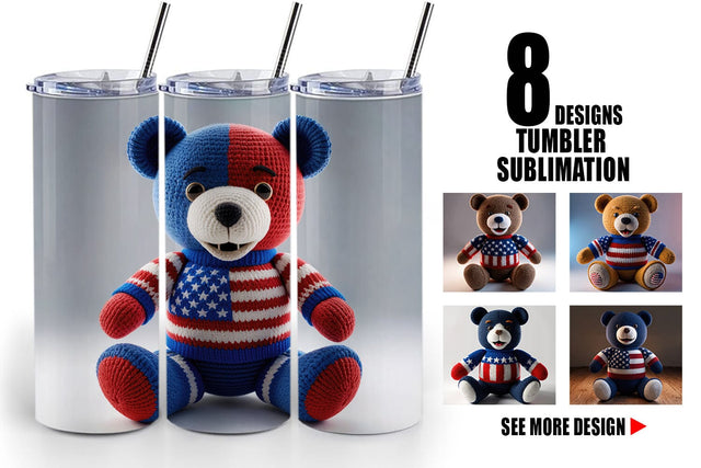 Tumbler Wrap Patriotic Bear Crochet Sublimation artnoy 