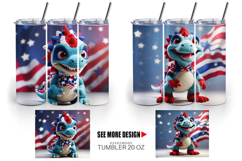 Tumbler Wrap Patriotic Dinosaur Crochet Sublimation artnoy 