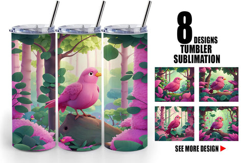 Tumbler Wrap Pink Bird in the Forest Sublimation artnoy 