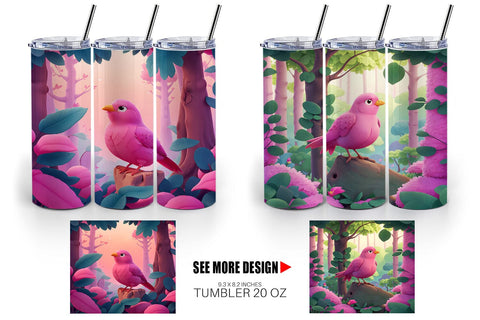 Tumbler Wrap Pink Bird in the Forest Sublimation artnoy 