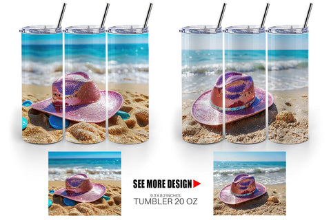Tumbler Wrap Straw Hats on Sand Beach Sublimation artnoy 