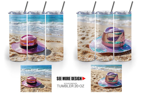 Tumbler Wrap Straw Hats on Sand Beach Sublimation artnoy 