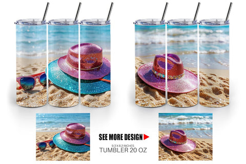Tumbler Wrap Straw Hats on Sand Beach Sublimation artnoy 
