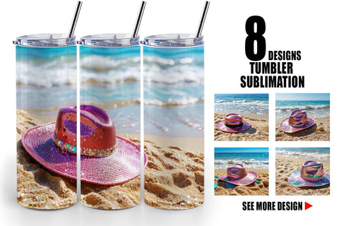 Tumbler Wrap Straw Hats on Sand Beach Sublimation artnoy 