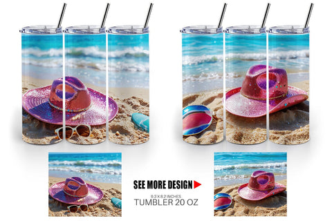 Tumbler Wrap Straw Hats on Sand Beach Sublimation artnoy 