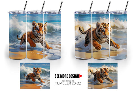 Tumbler Wrap Tiger Running on Beach Sublimation artnoy 
