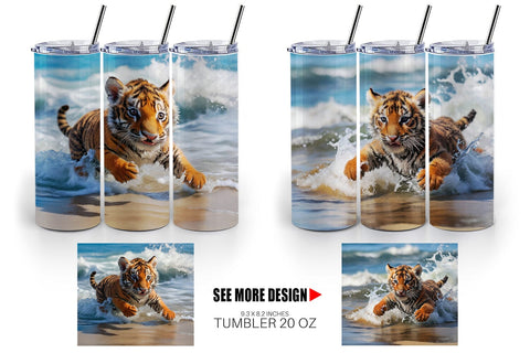 Tumbler Wrap Tiger Running on Beach Sublimation artnoy 
