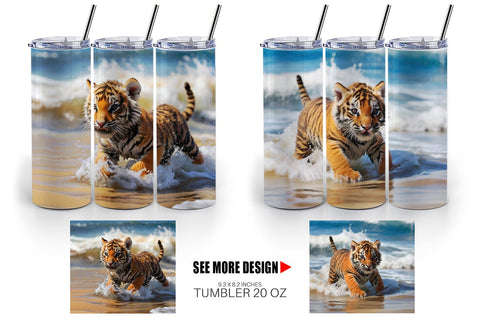 Tumbler Wrap Tiger Running on Beach Sublimation artnoy 