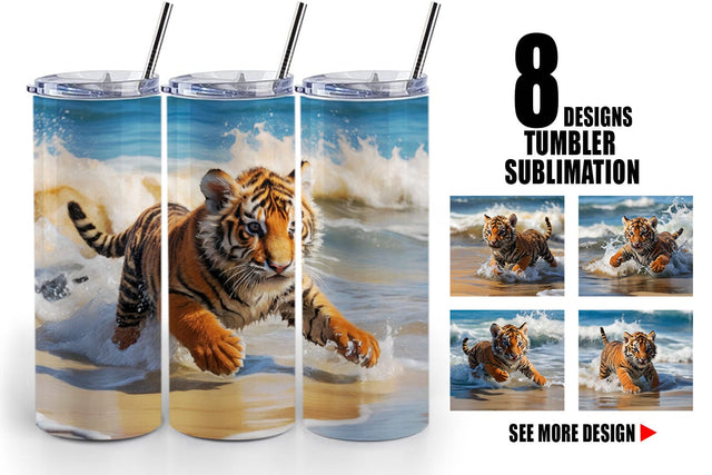 Tumbler Wrap Tiger Running on Beach Sublimation artnoy 