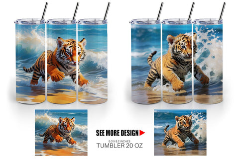 Tumbler Wrap Tiger Running on Beach Sublimation artnoy 