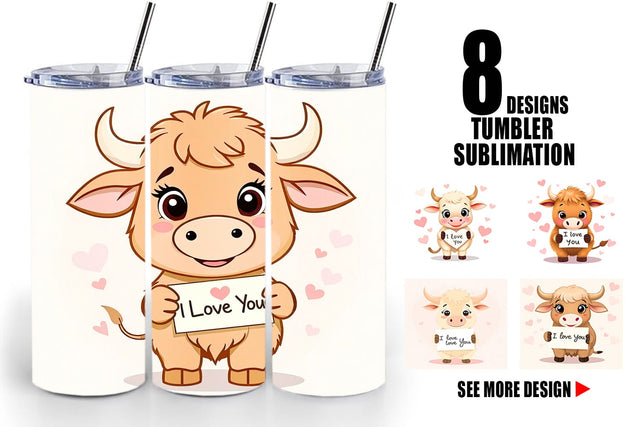 Tumbler Wrap Valentine Highland Cow Cartoon Sublimation artnoy 