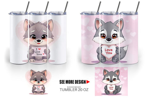 Tumbler Wrap Valentine Wolf Cartoon Sublimation artnoy 