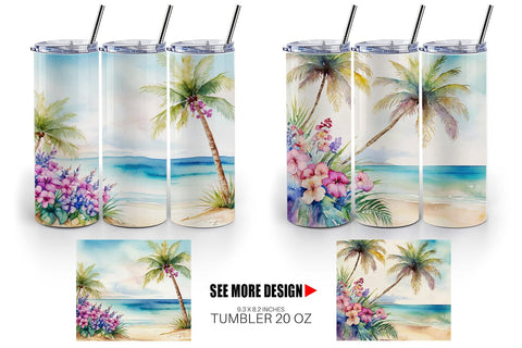 Tumbler Wrap Watercolor Beach Scene Sublimation artnoy 