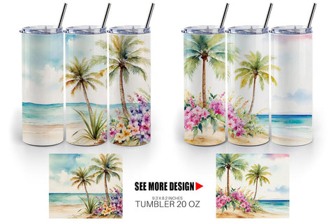 Tumbler Wrap Watercolor Beach Scene Sublimation artnoy 