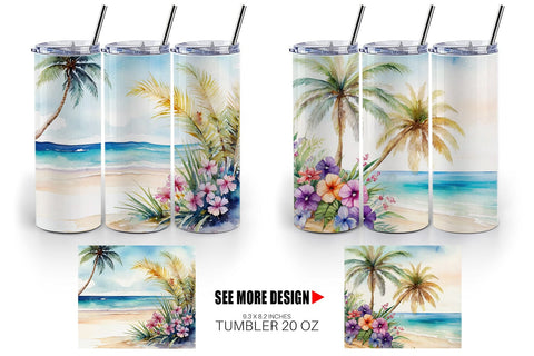 Tumbler Wrap Watercolor Beach Scene Sublimation artnoy 