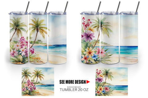 Tumbler Wrap Watercolor Beach Scene Sublimation artnoy 