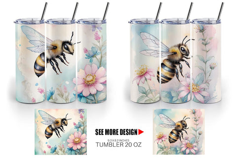 Tumbler Wrap Watercolor Bee Flowers Sublimation artnoy 