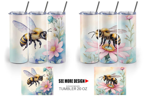 Tumbler Wrap Watercolor Bee Flowers Sublimation artnoy 
