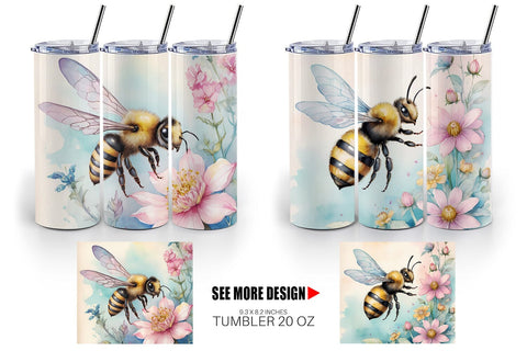 Tumbler Wrap Watercolor Bee Flowers Sublimation artnoy 