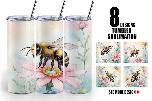 Tumbler Wrap Watercolor Bee Flowers Sublimation artnoy 