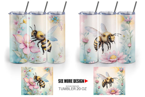 Tumbler Wrap Watercolor Bee Flowers Sublimation artnoy 