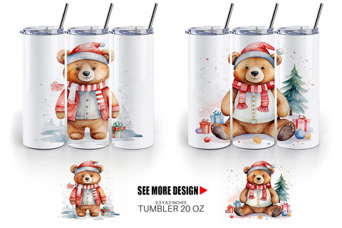 Tumbler Wrap Watercolor Christmas Bear Sublimation artnoy 