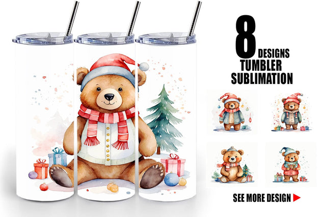 Tumbler Wrap Watercolor Christmas Bear Sublimation artnoy 