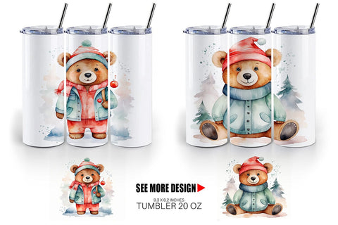 Tumbler Wrap Watercolor Christmas Bear Sublimation artnoy 